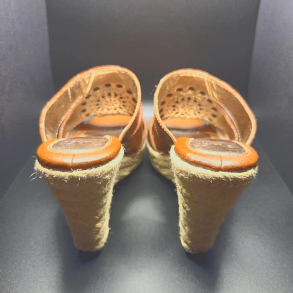 Söfft Leather Studded Cutout Espadrille Wedge Mule Sandals 6.5M Cognac